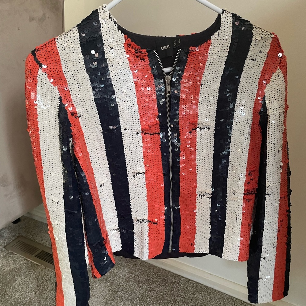 Asos sequins jacket. White , blue, orange vertical stripes